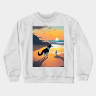 child playing with a dog on the beach. Crewneck Sweatshirt